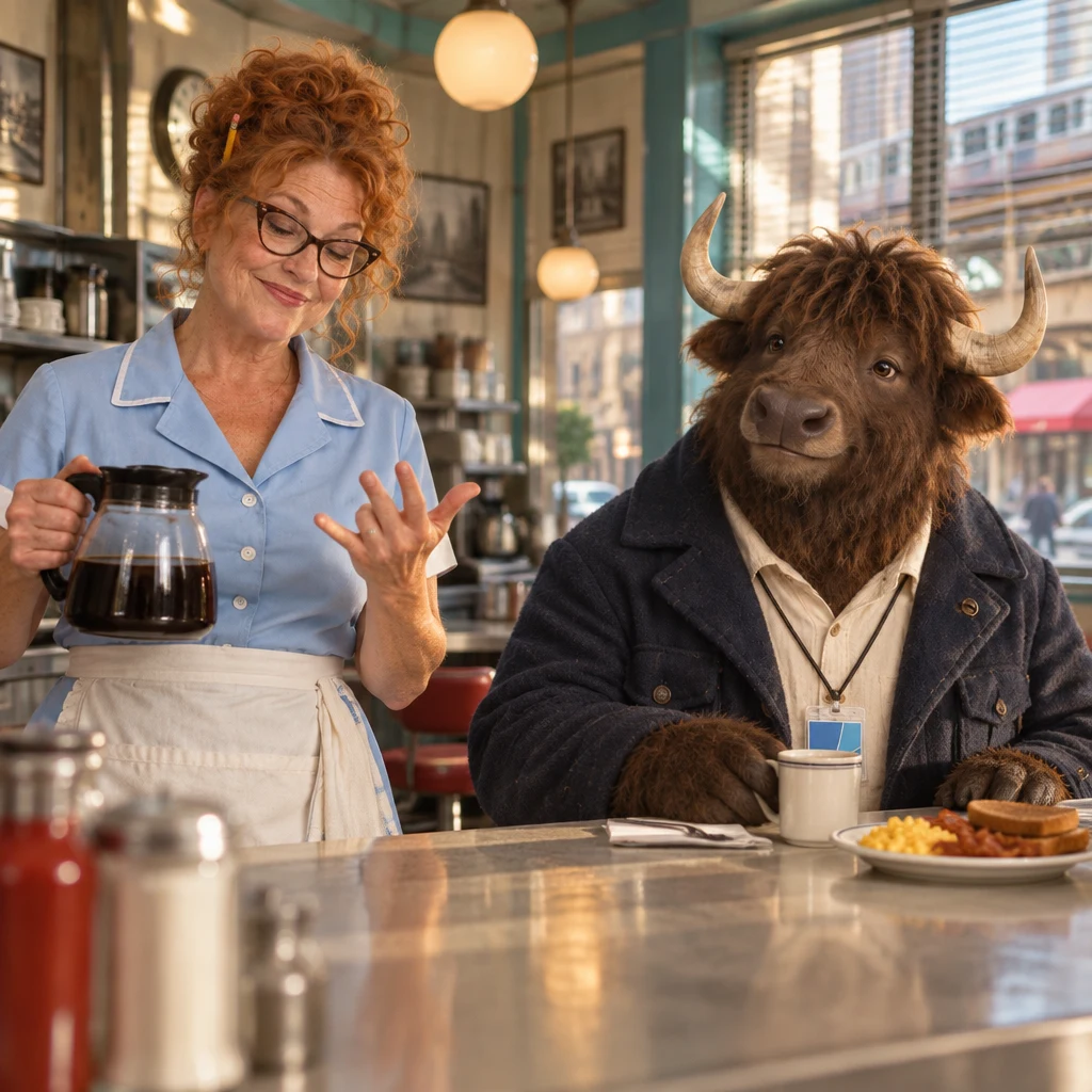 Dee counts on her fingers while Murray watches from the end of the counter.