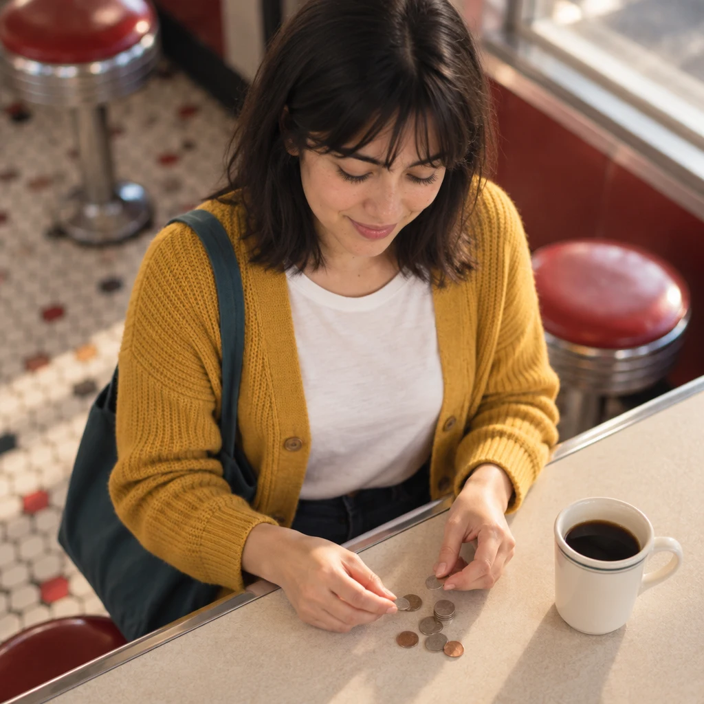 Ana continues counting with both hands beside her cup.