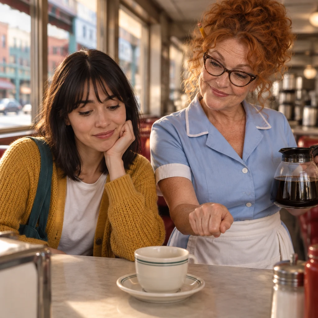 Ana looks toward her empty cup as Dee holds a closed fist above the counter.