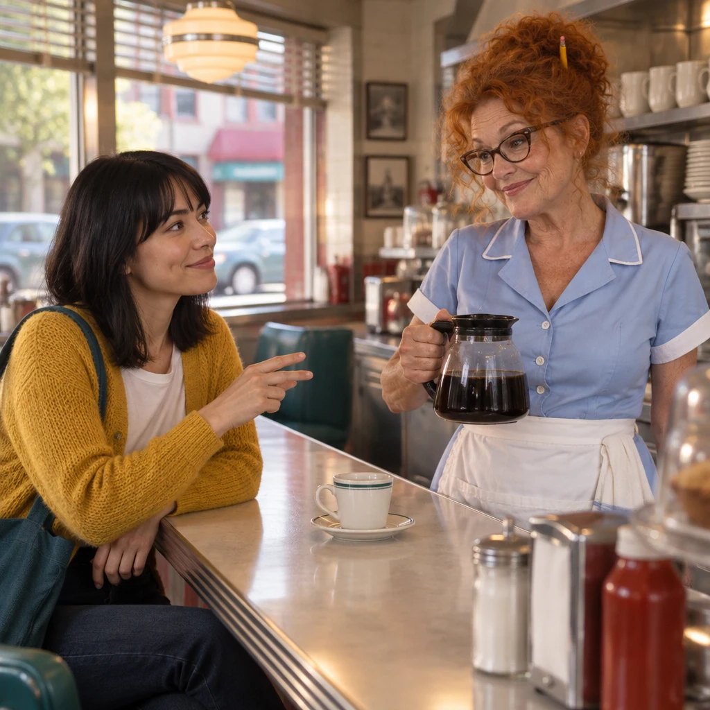 Ana holds up two fingers toward Dee and the coffee pot to request two of something.