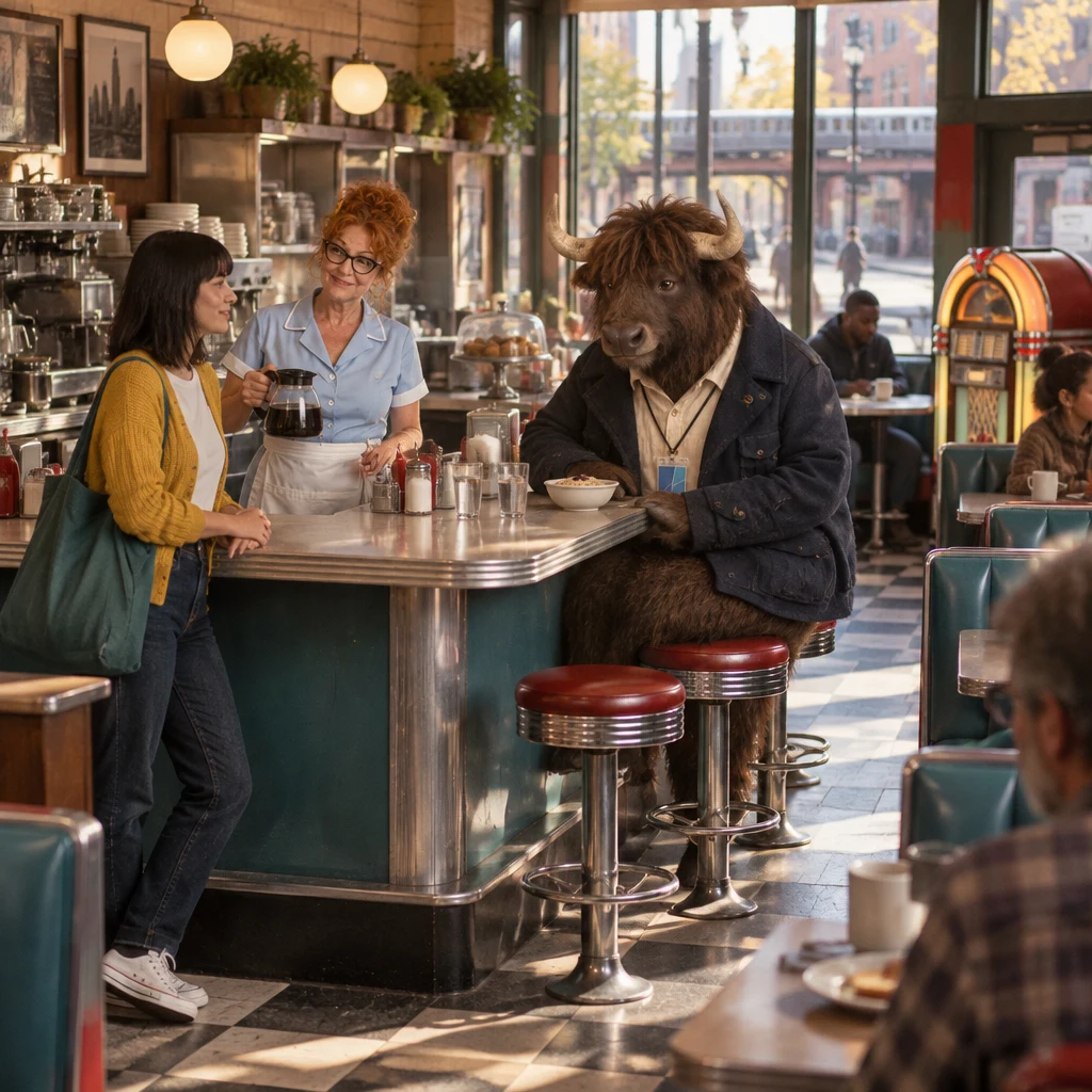 Ana stands at the counter as Dee holds the coffee pot and Murray looks from the oatmeal to two empty glasses.