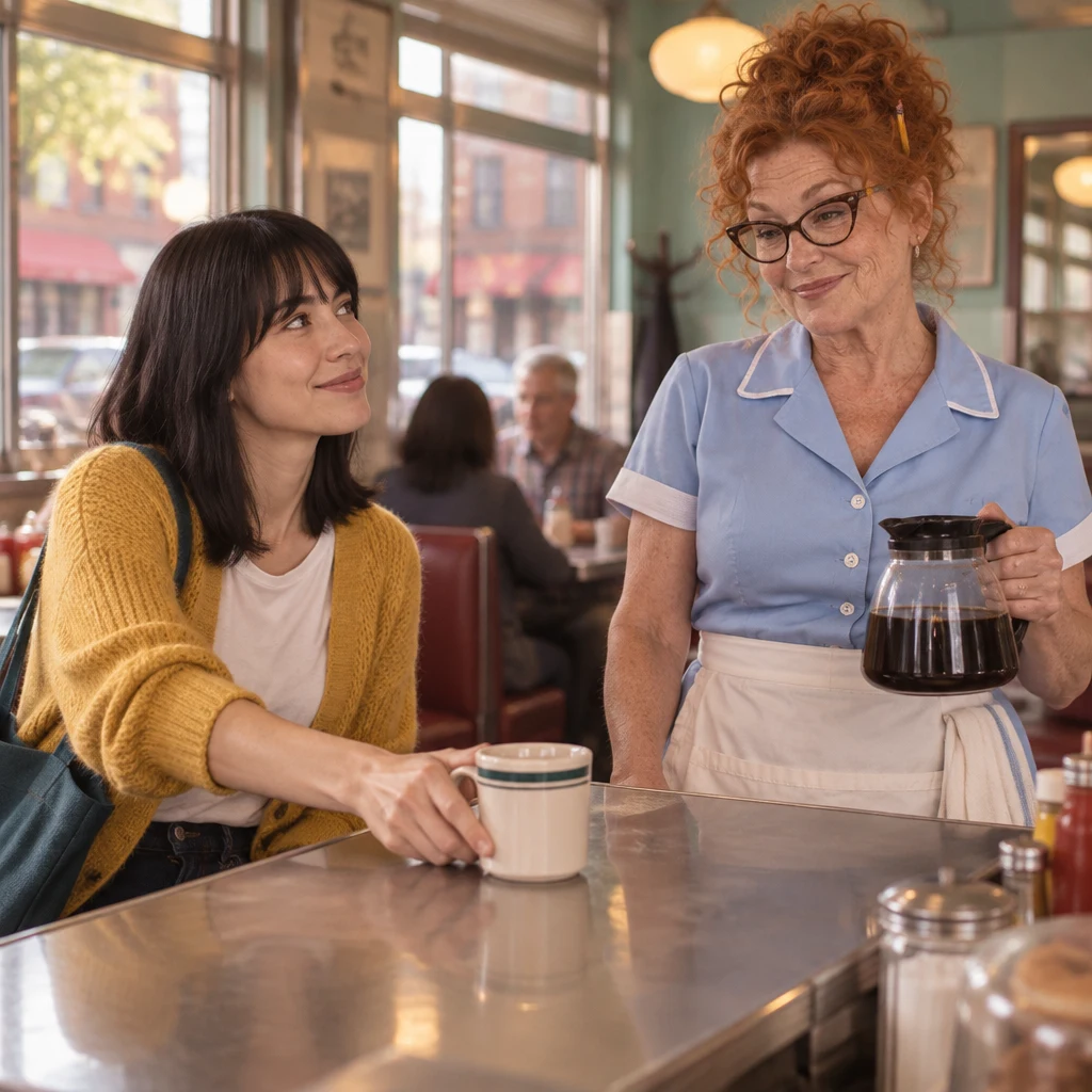Ana slides one empty coffee cup forward while Dee holds the coffee pot behind the counter.