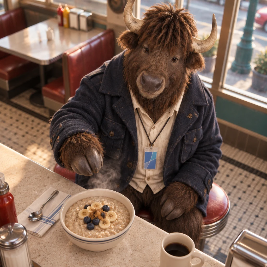 Murray looks down at the steaming oatmeal and reaches toward its bowl.