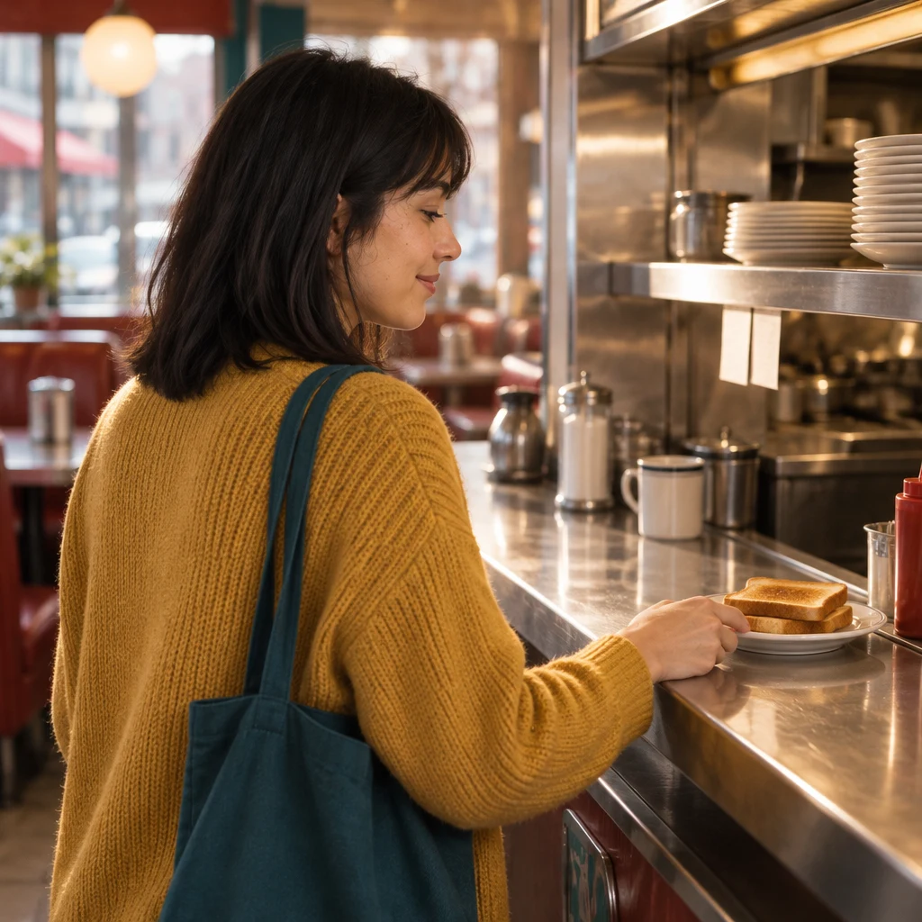 Ana reaches toward a small plate of toast at the diner pass.