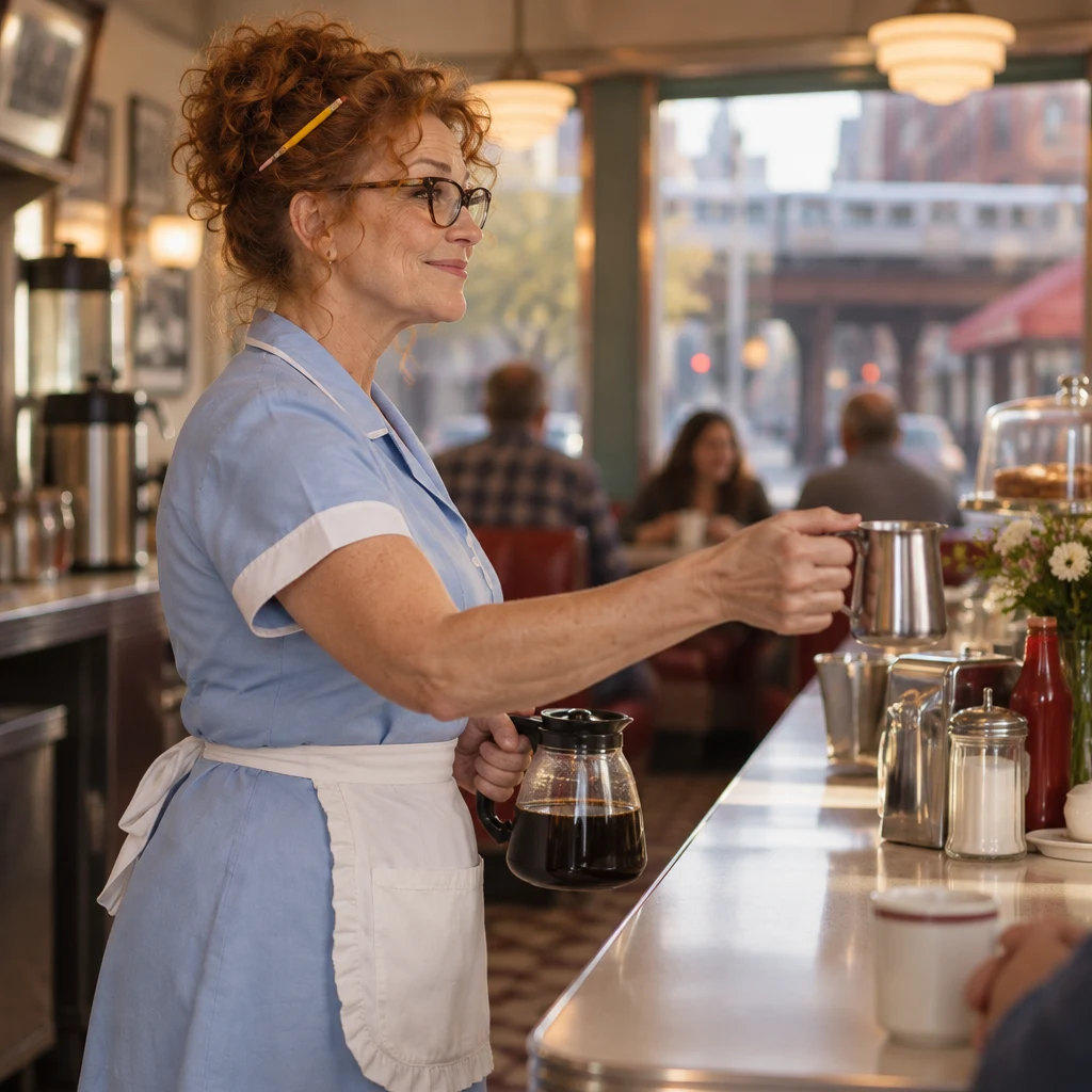 Dee lifts a small milk pitcher toward the customer side of the counter.