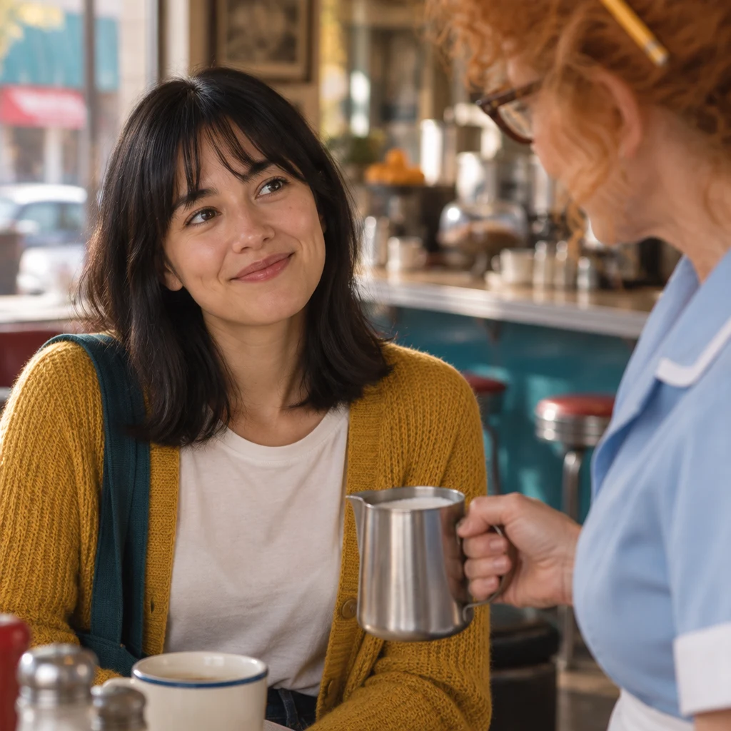 Ana nods toward Dee’s offered milk pitcher, accepting some milk.