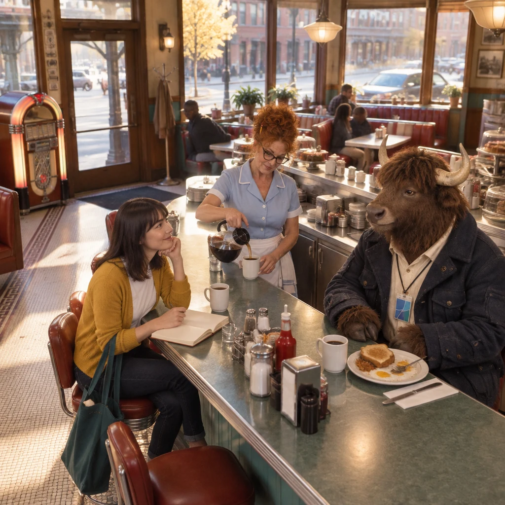 Ana brings her English notebook to the diner counter while Dee pours coffee and Murray sits with eggs and unfinished coffee.