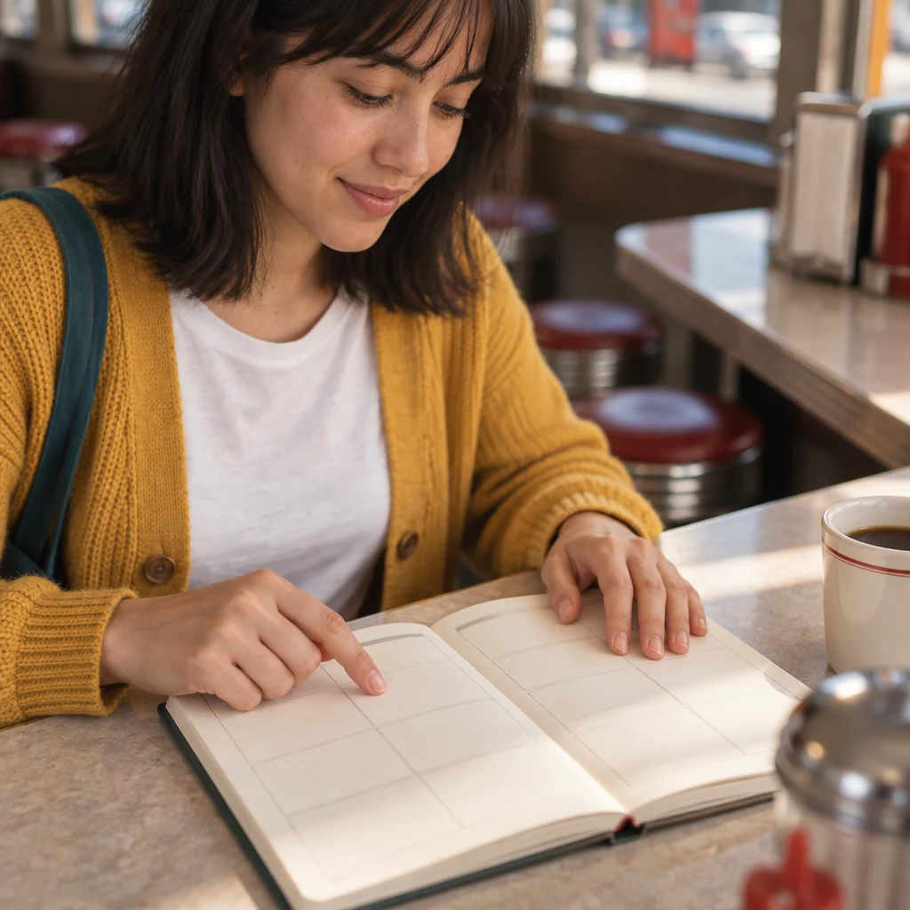 Ana taps the next empty space in her notebook while following the sequence of days.