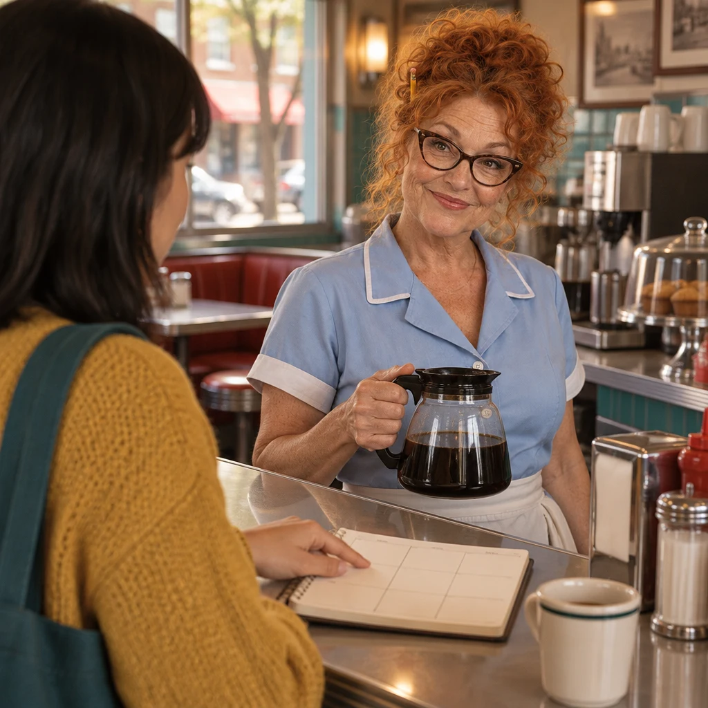 Ana points to the day before today in her notebook as Dee listens beside the coffee pot.