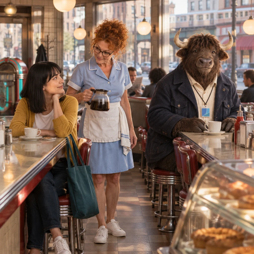 Ana settles at the Blue Plate counter with Dee beside her and Murray seated on two stools by his untouched coffee.