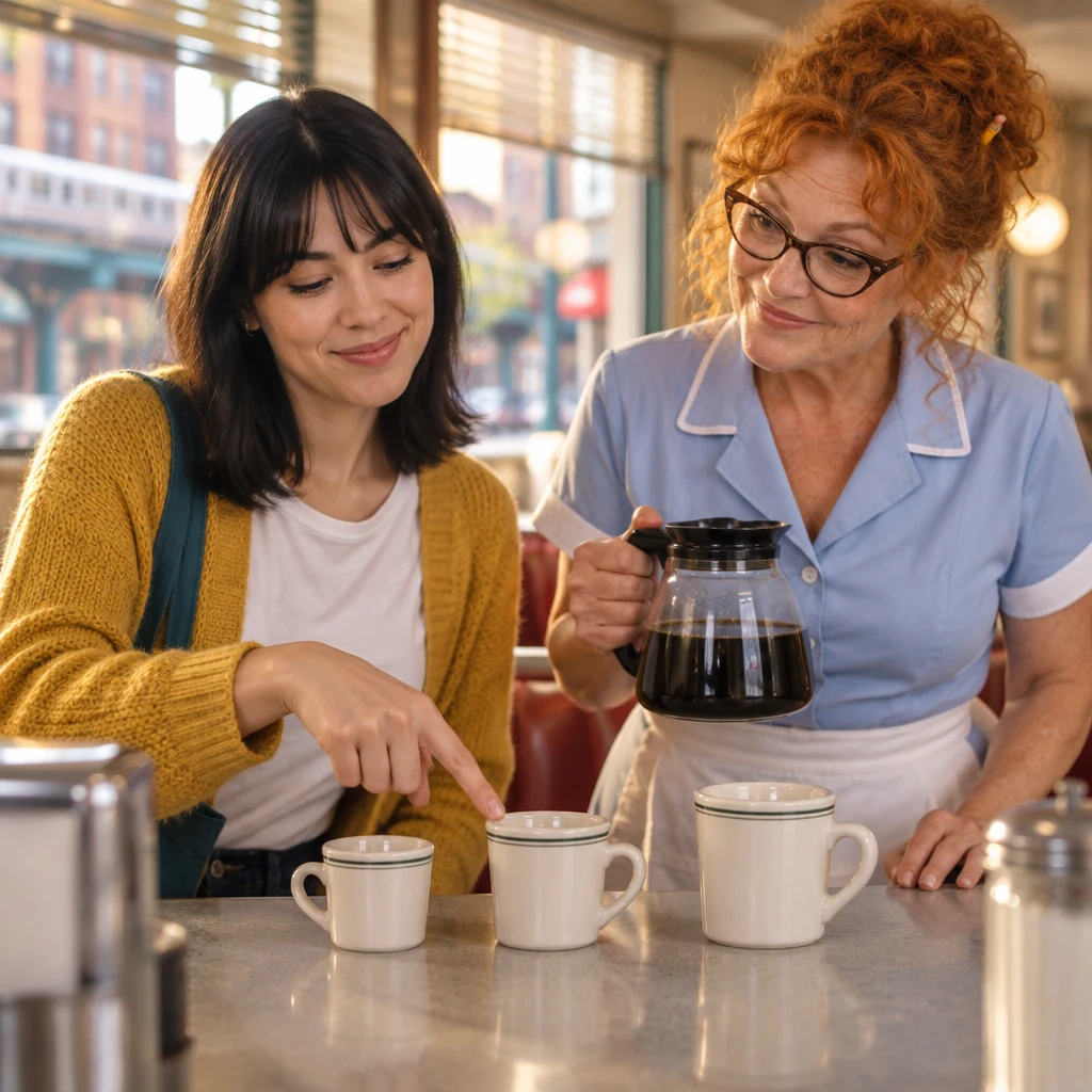 Ana indicates the middle-sized cup among three choices as Dee waits with the coffee pot.