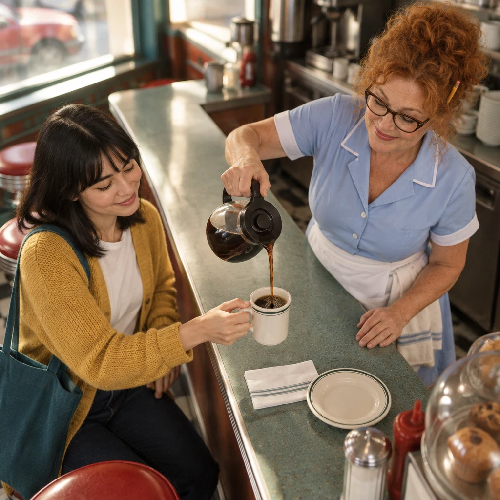 Ana holds out her empty cup while Dee pours her a refill.
