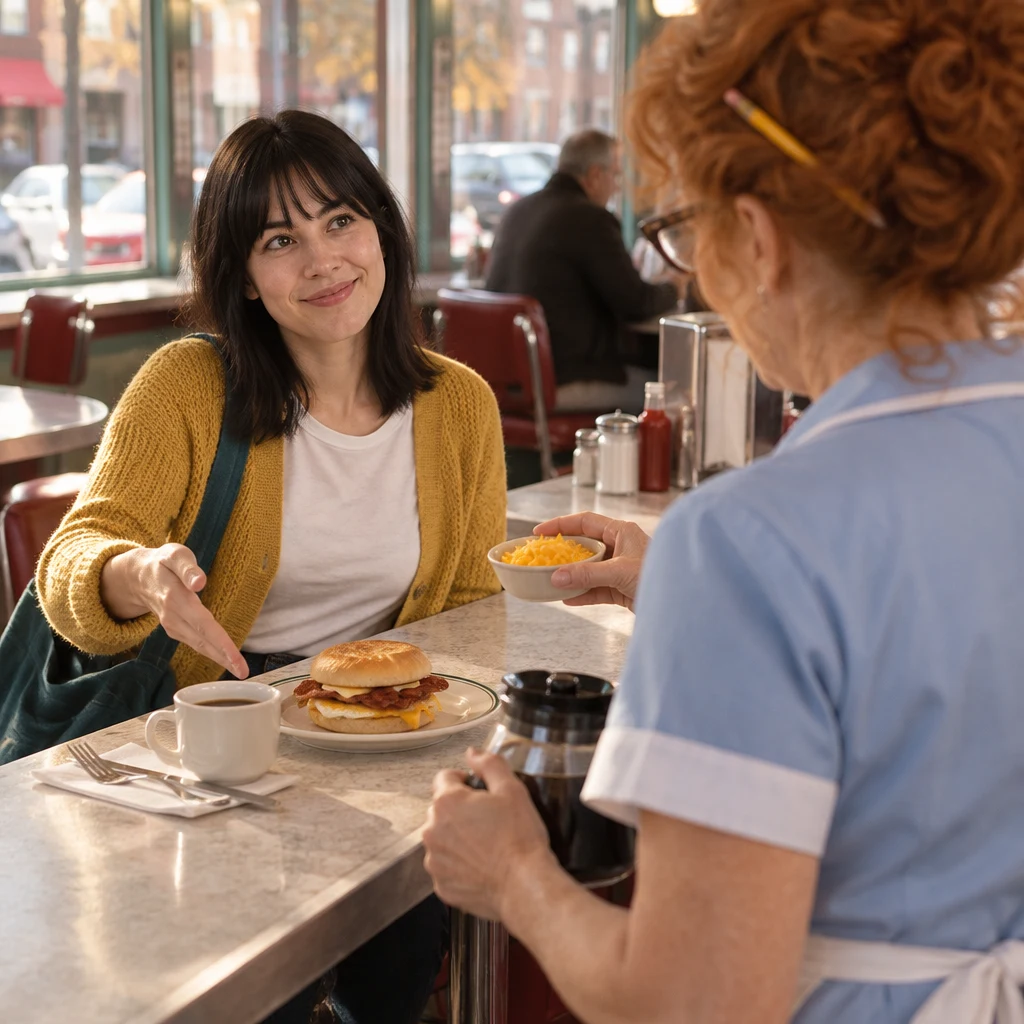 Ana gestures beside her sandwich while Dee holds extra cheese above the plate.