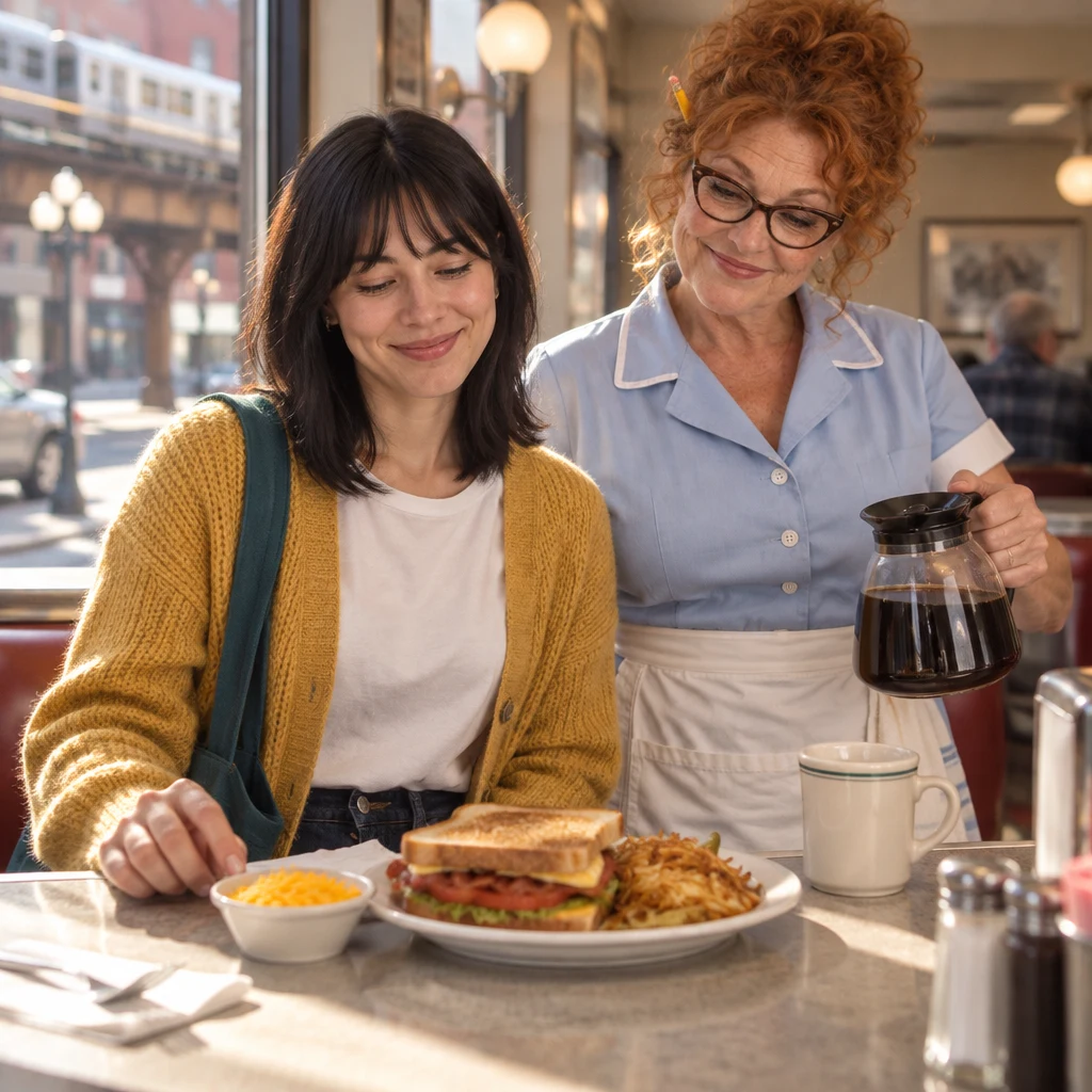 The extra cheese sits separately beside Ana's sandwich as Dee stands nearby.
