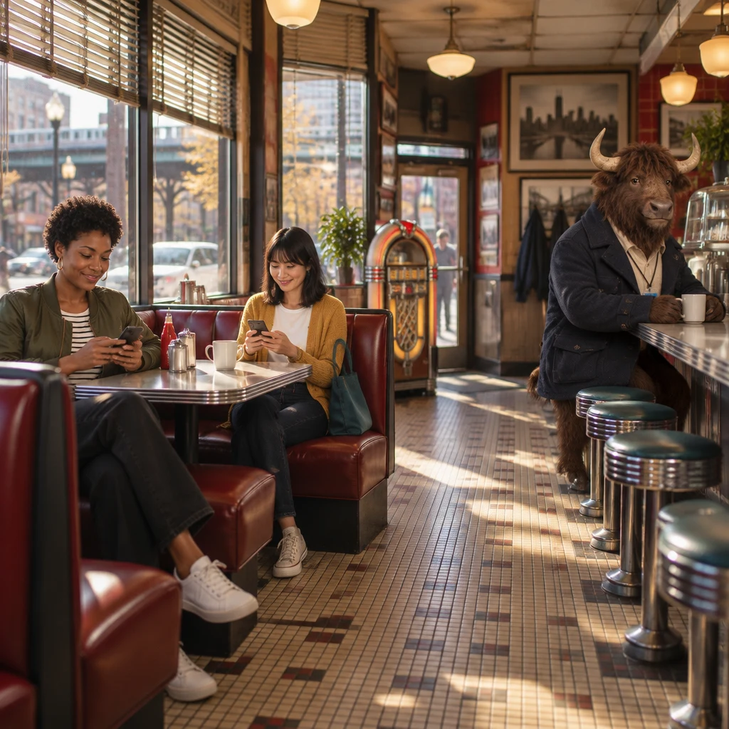 Tasha and Ana sit across from each other in a booth while Murray sits at the counter on two stools.