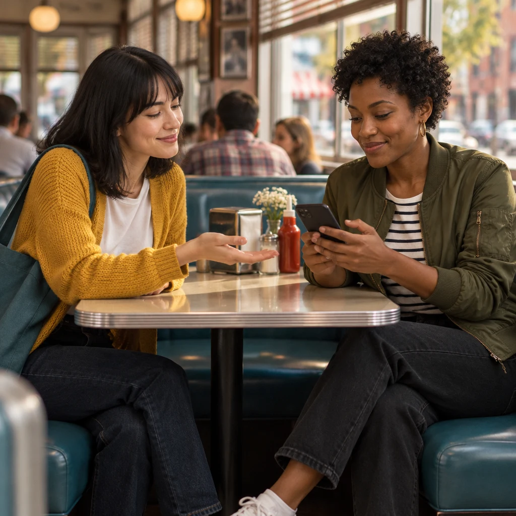 Ana leans forward with an open hand as Tasha holds her phone ready.