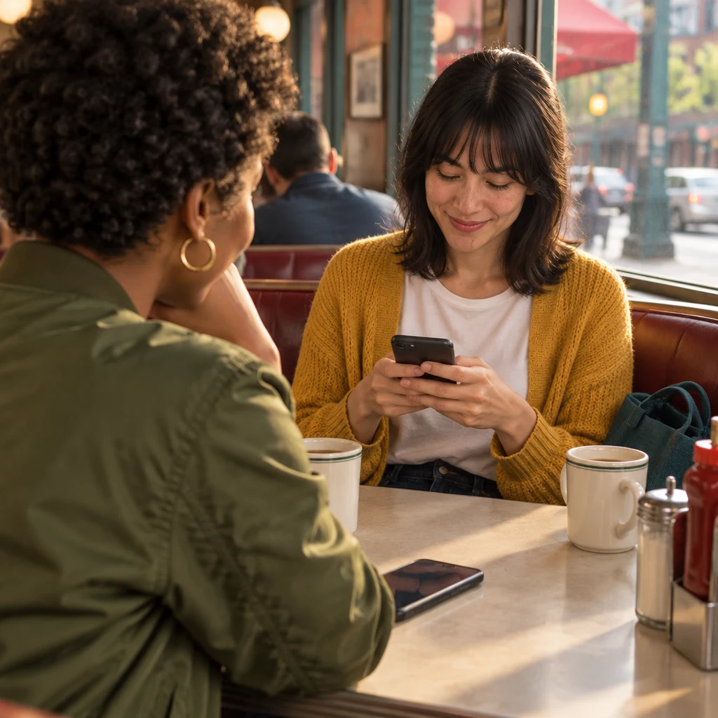 Ana types a brief greeting on her phone while Tasha watches from across the table.
