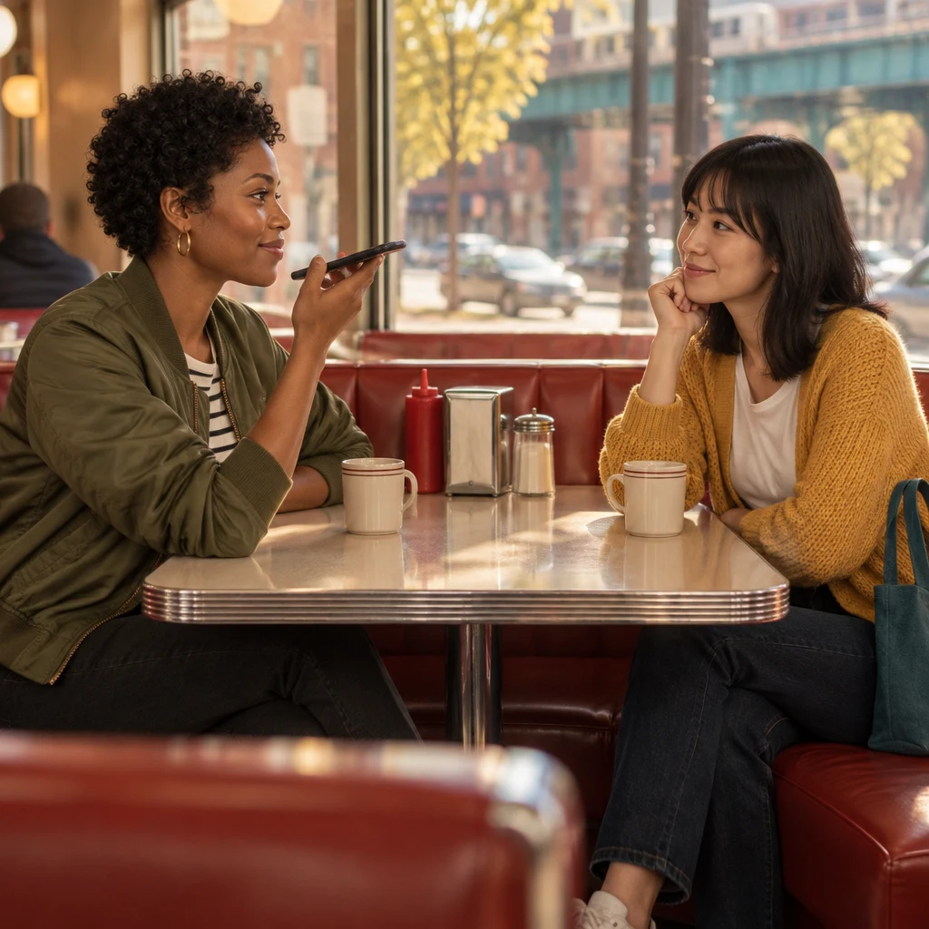 Tasha records a spoken memo on her phone while Ana listens.