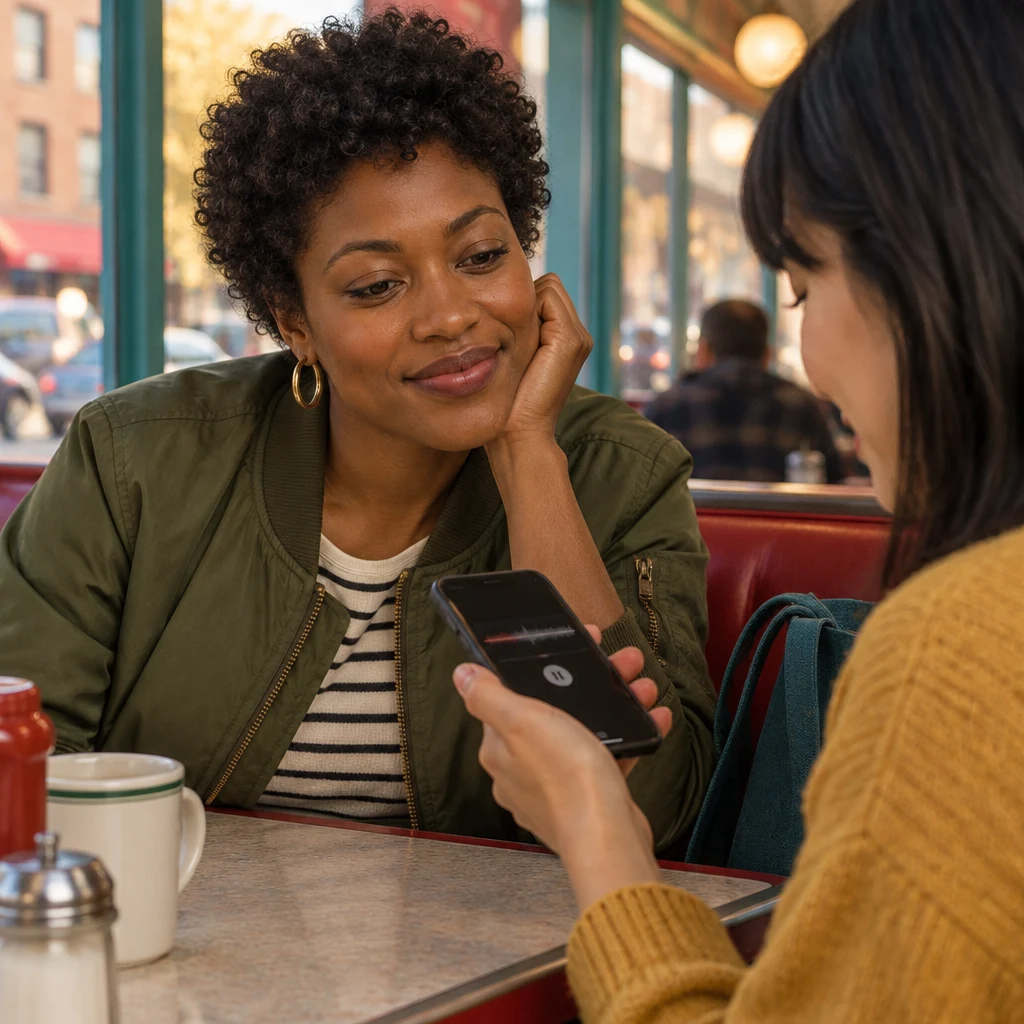 Tasha leans toward Ana's phone as the memo continues to play.