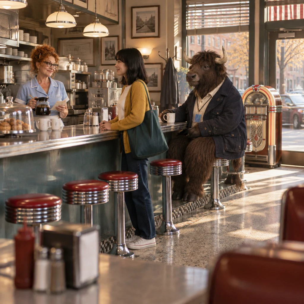 Dee holds her punch card and pencil while Ana stands at the counter and Murray sits beside his full coffee.