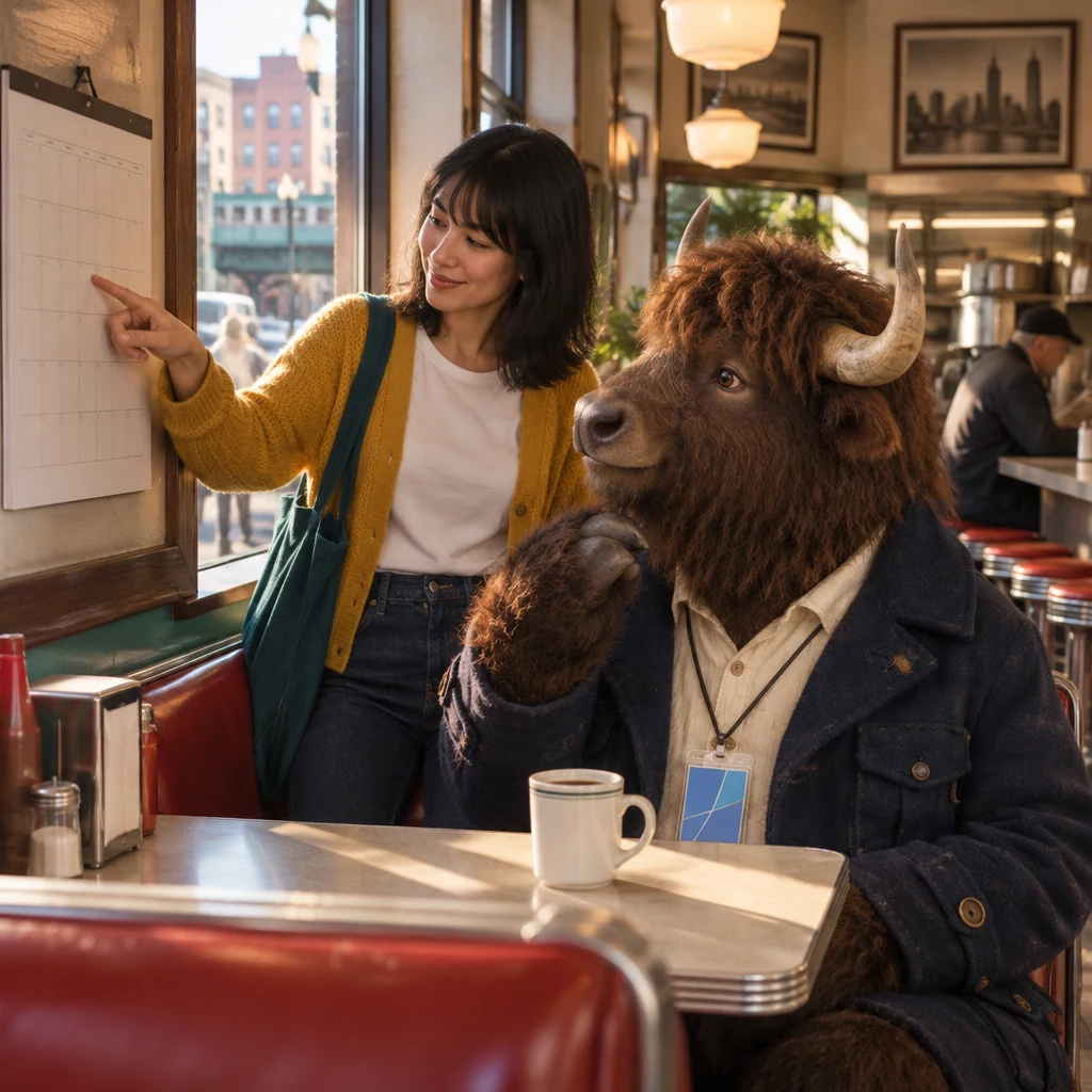 Ana indicates a blank calendar page as Murray nods beside her.