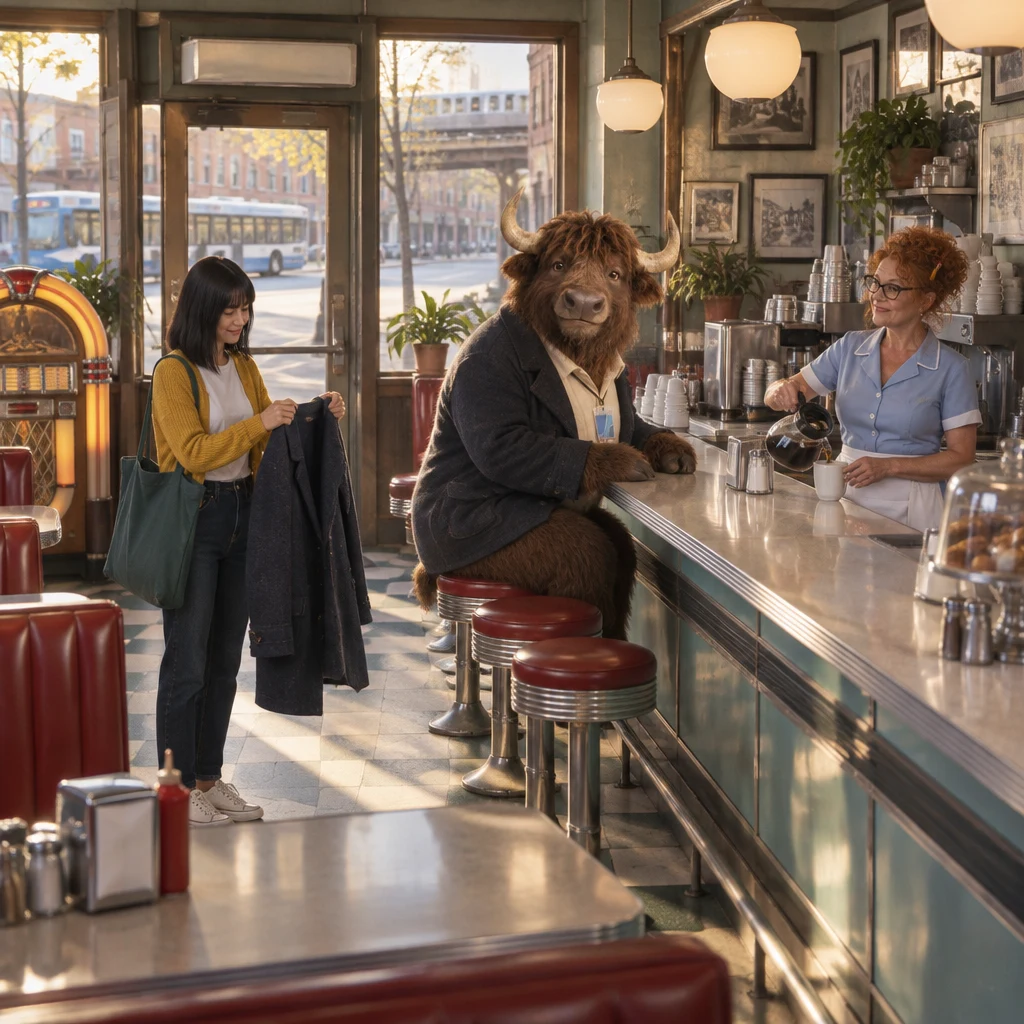 Ana holds Murray's navy peacoat at the diner counter while Dee holds a coffee pot and Murray sits nearby on two stools.