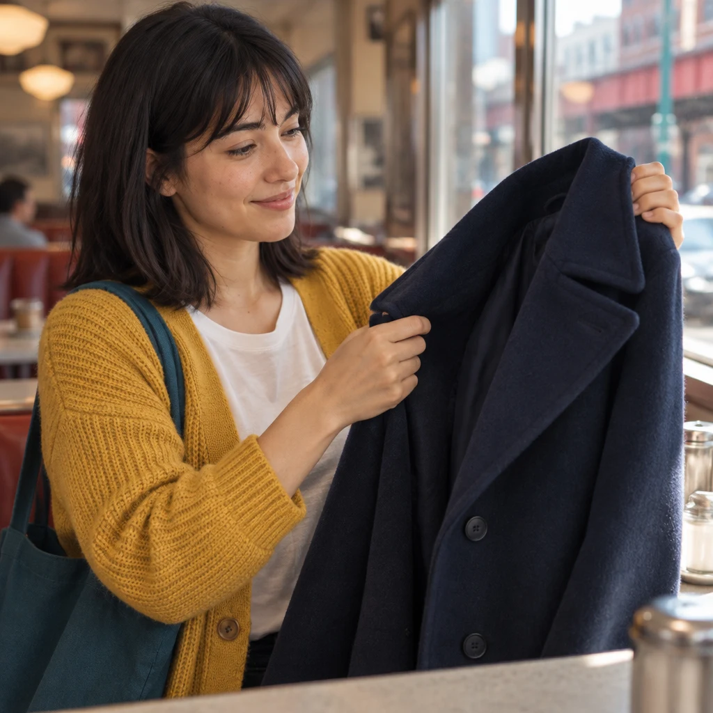 Ana holds up the blue peacoat so its cloth is clearly visible.