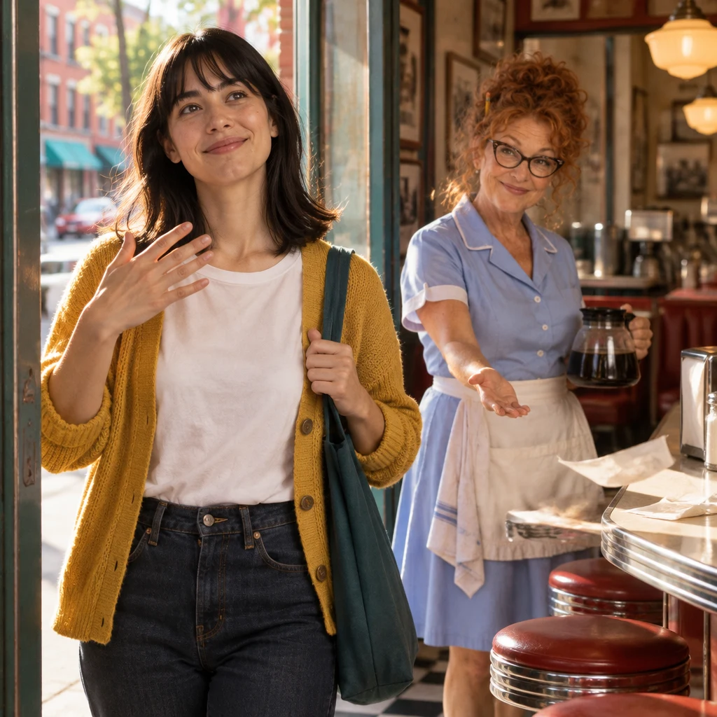 Ana fans herself in the doorway as warm air and a strong breeze move through the diner.
