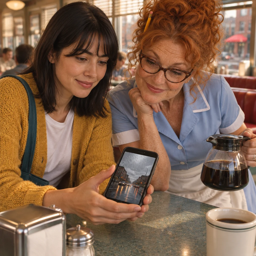Ana holds out her phone to Dee, showing an old image of rain falling from the sky.