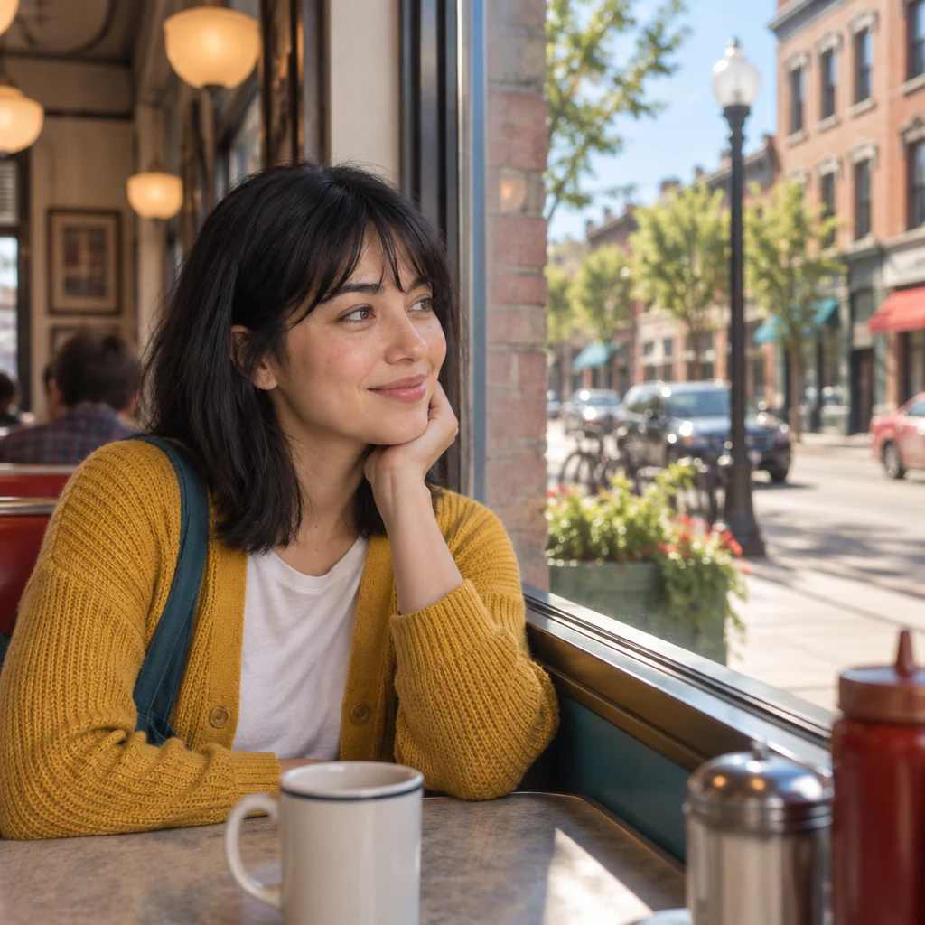 Ana looks toward the bright, dry street from inside the sunny diner.