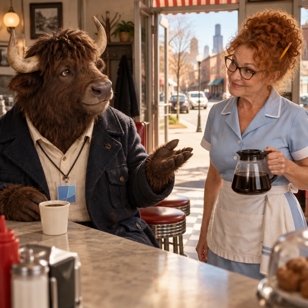 Murray turns on his two stools and opens a hand toward the sunny doorway to ask Dee about the weather outside.