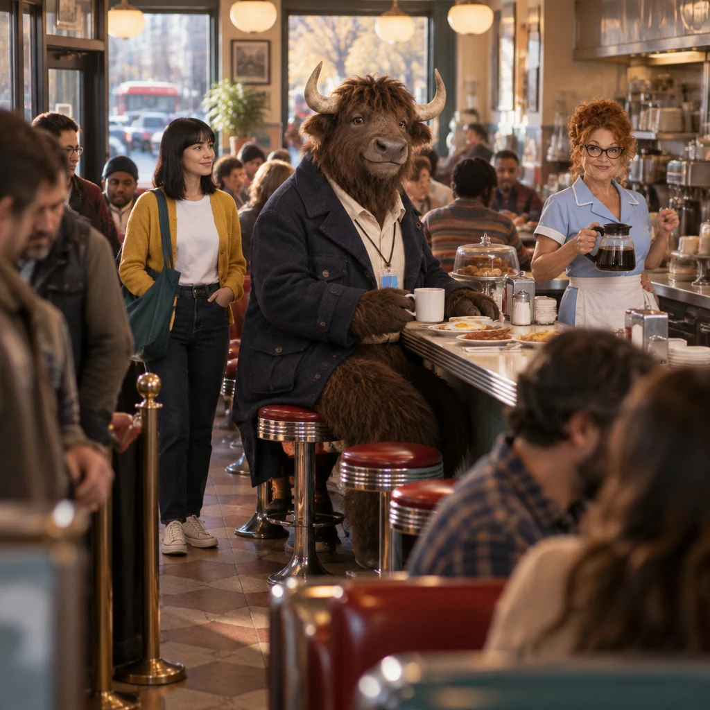 A busy Saturday brunch fills the Blue Plate as Ana waits by the last counter stools, Murray occupies two stools, and Dee watches the entrance with a coffee pot.