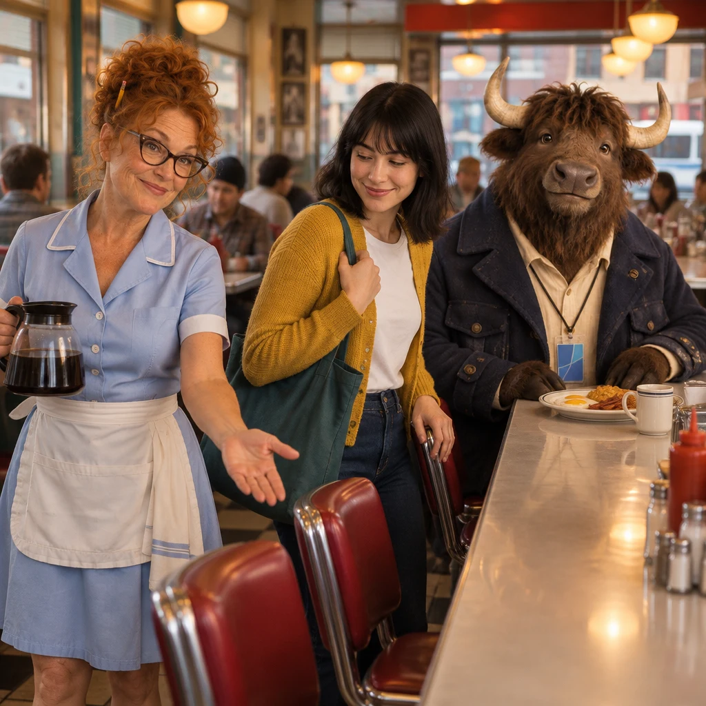 Dee opens a welcoming hand toward Ana and Murray, offering space at their shared counter table.