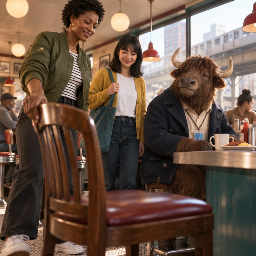 Tasha pulls a wooden chair toward the counter where Ana stands and Murray sits.