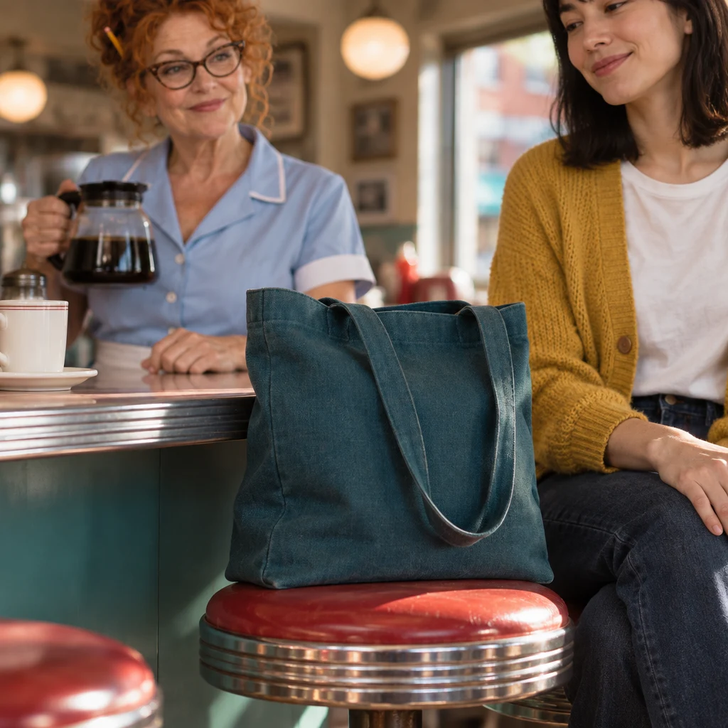 Ana's teal tote stays on the neighboring stool while Dee keeps watch from the counter.