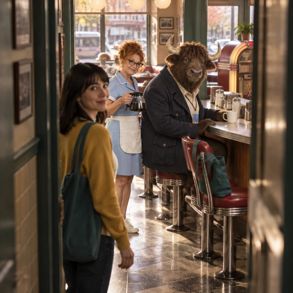Ana pauses in the back hallway and looks back toward Dee and Murray at the counter.