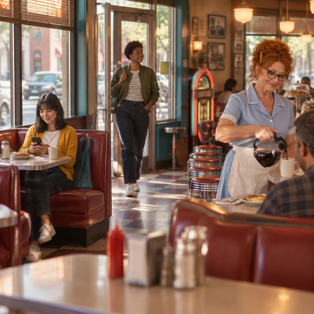 Ana sits with her phone as Tasha arrives and Dee refills the coffee.