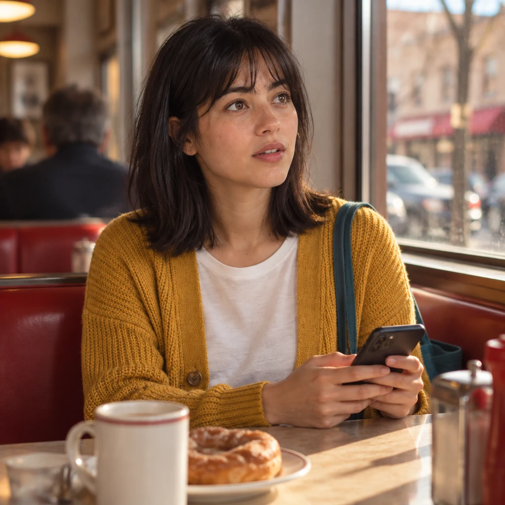 Ana reacts with surprise to Tasha's account of the bakery morning.