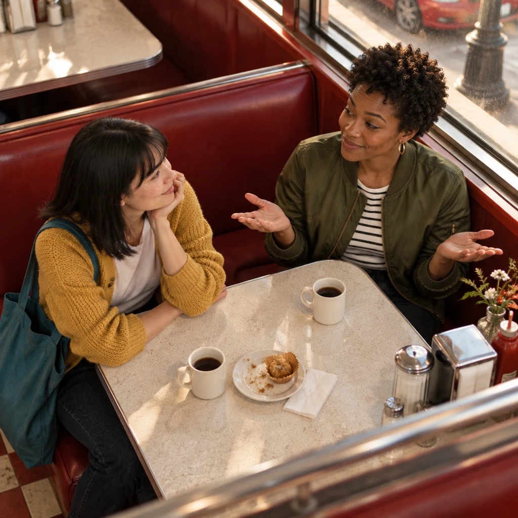 Tasha explains her exaggerated story as Ana accepts the reason with a small nod.