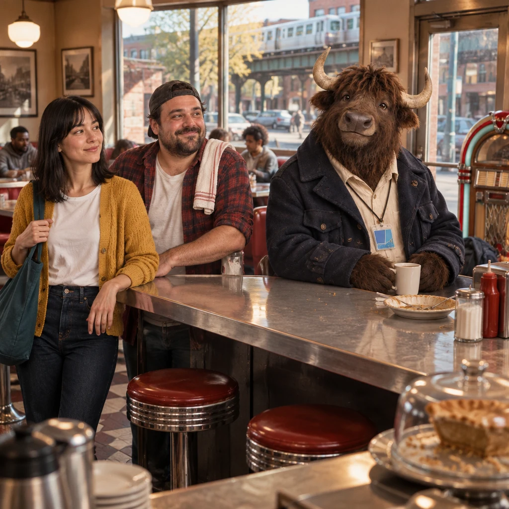 Afternoon at the Blue Plate, with Ana at the counter, Danny leaning nearby, and Murray settled on two stools.