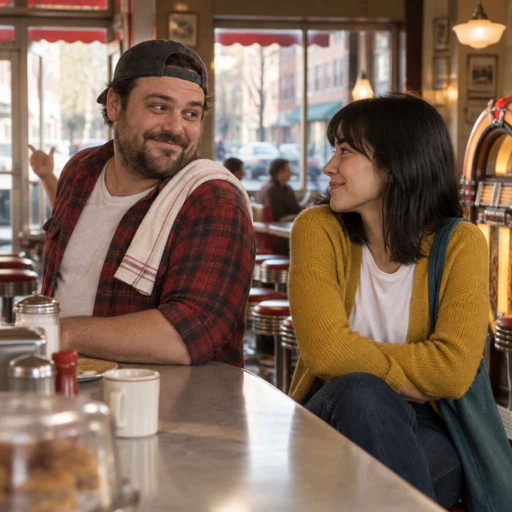 Danny leans on the counter and glances toward the quiet jukebox as he invites Ana to stay.