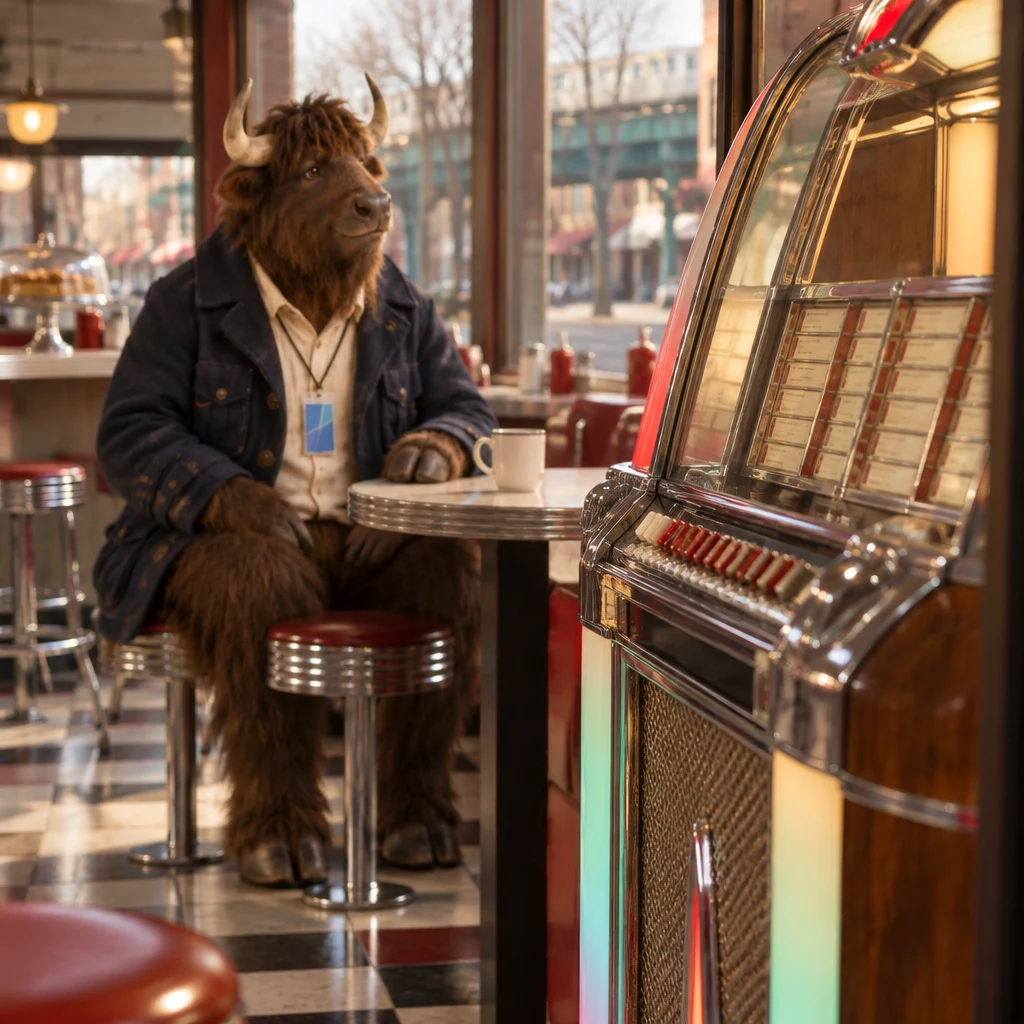 The quiet jukebox fills the foreground while Murray remains seated nearby with his coffee.