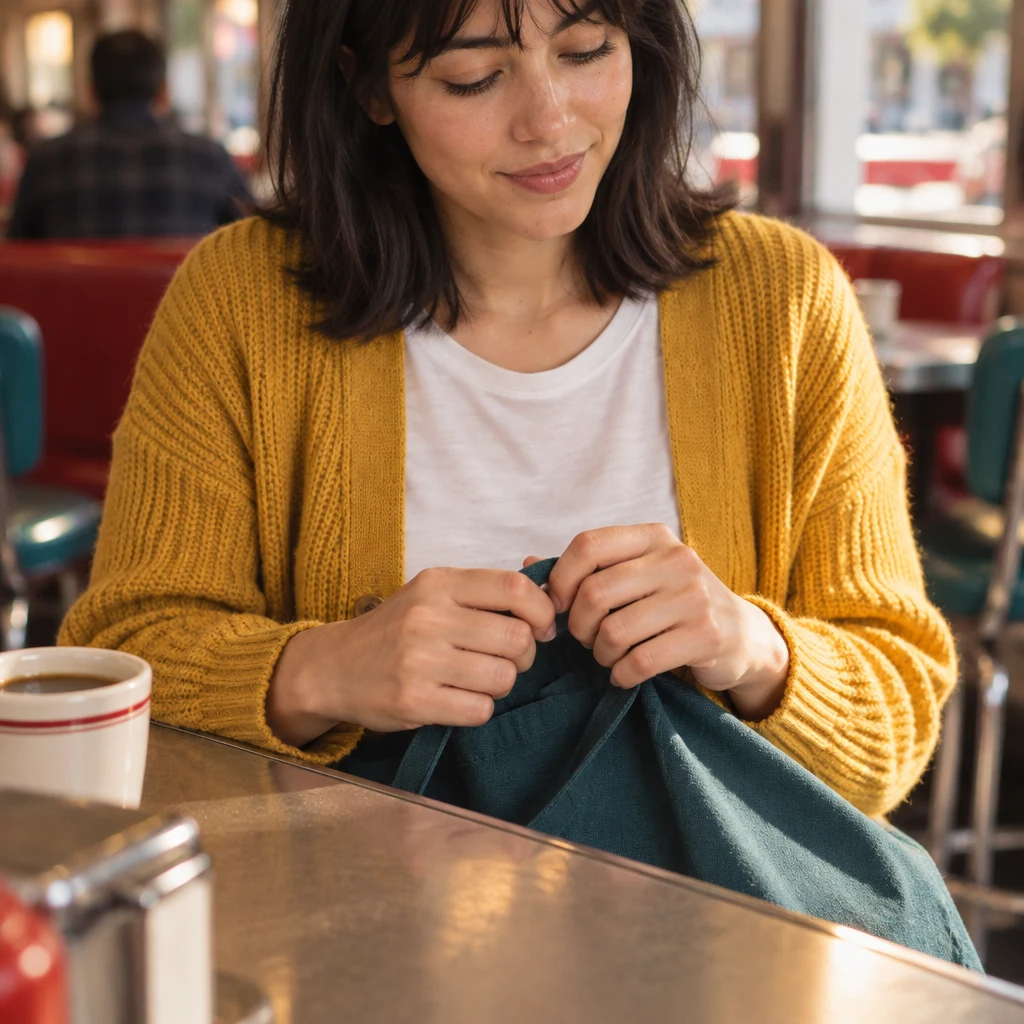 Ana pauses with both hands on her tote strap as she takes time before deciding.