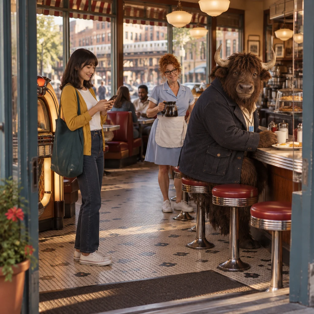 Ana waits at the diner door while Dee tends the counter and Murray sits over his meal.