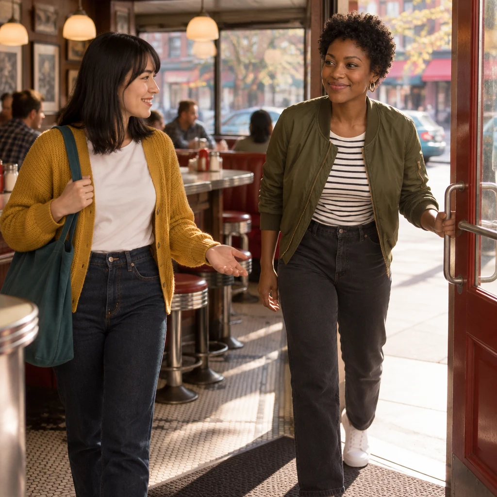 Tasha pushes open the diner door as Ana welcomes her inside.