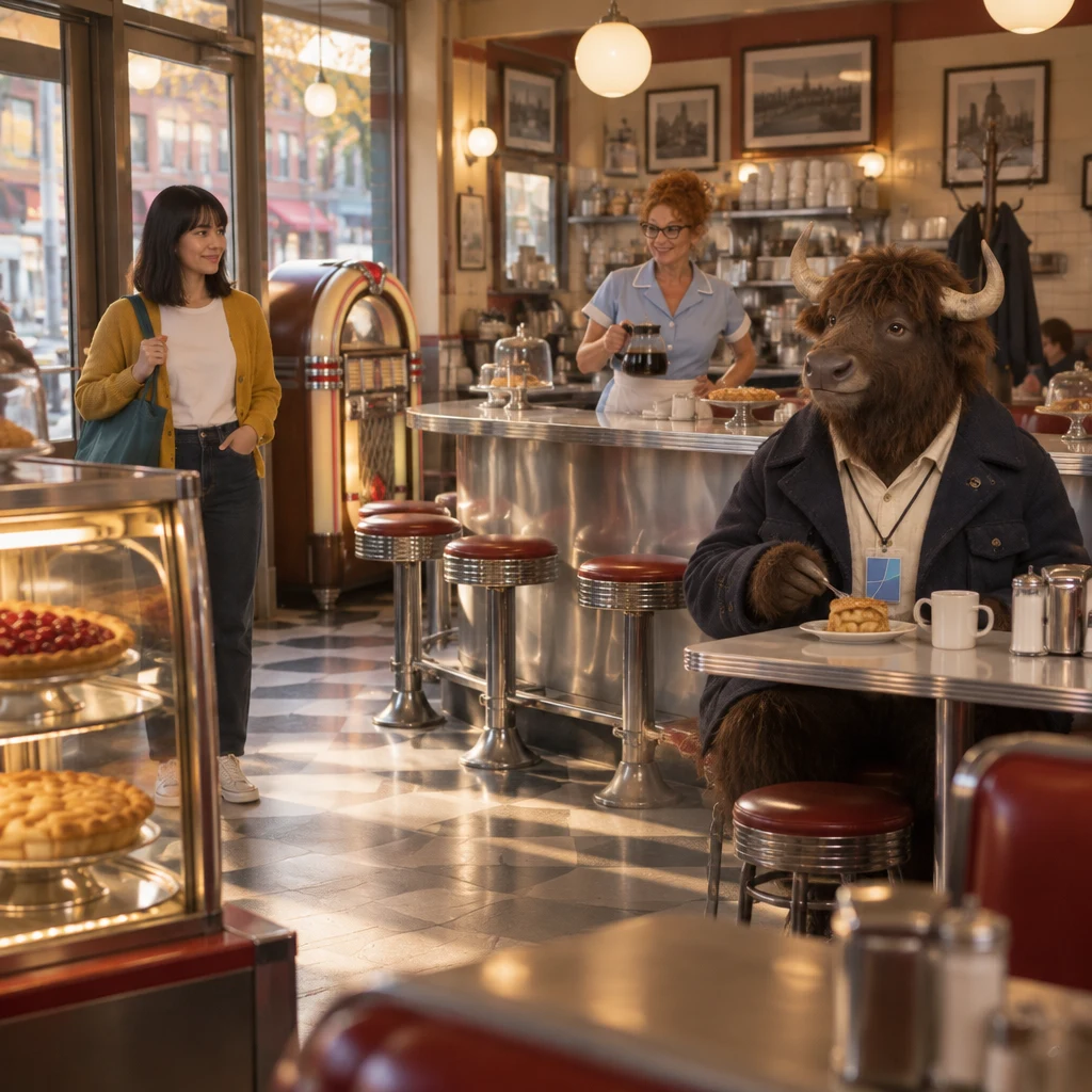 Ana pauses by the glowing pie case while Dee holds the coffee pot and Murray sits with apple pie.