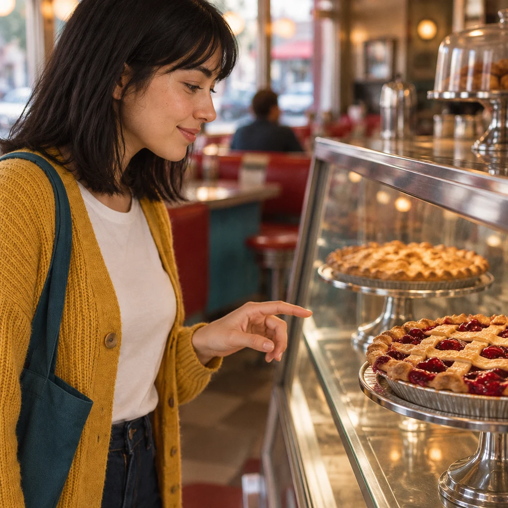 Ana’s hand hovers between the two pie stands as she considers which pie is nearest.