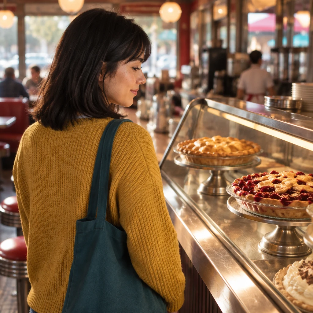 Ana looks from the cherry pie to the apple pie to judge which stand is nearer.
