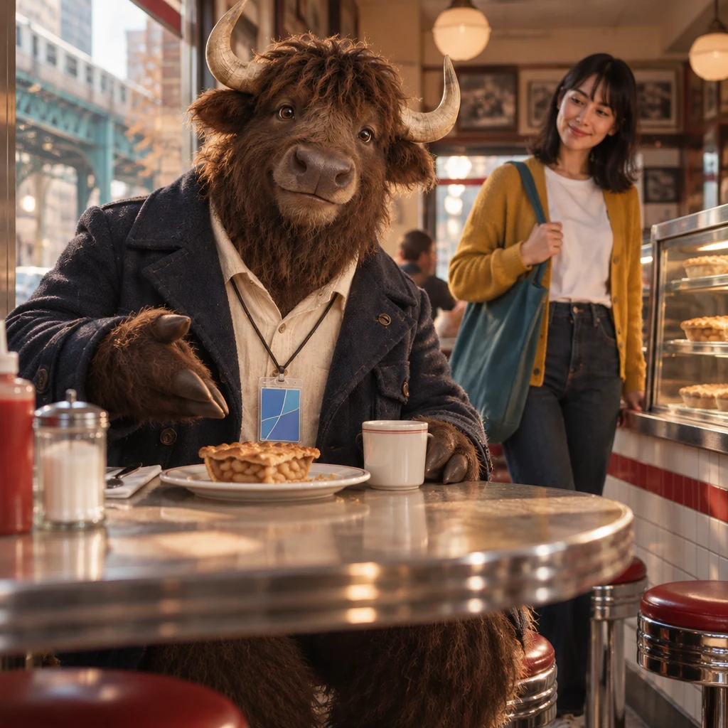 Murray gestures toward his partly eaten apple pie as Ana looks over from the counter.