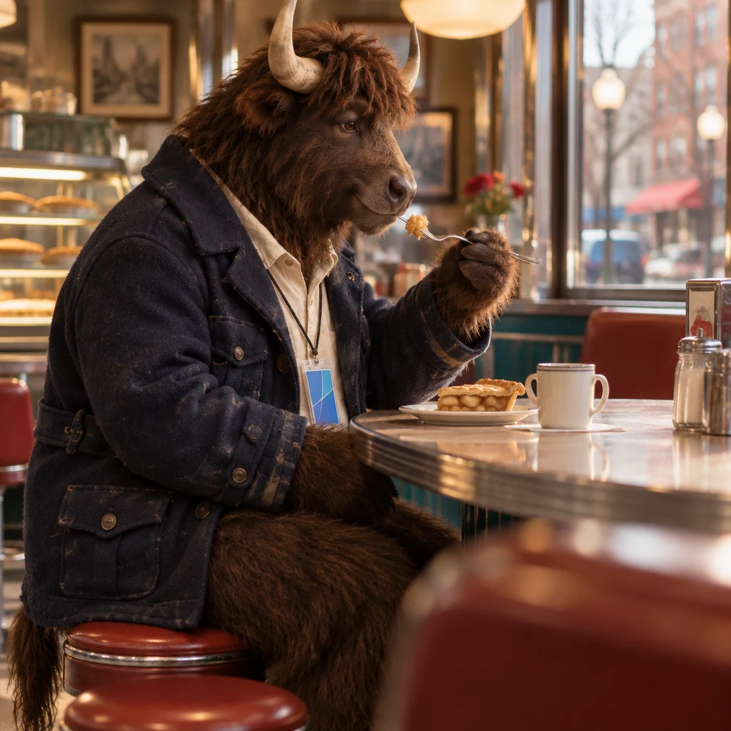 Murray lifts a forkful of apple pie and enjoys the taste.
